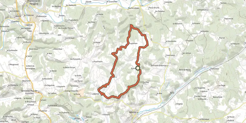 Map of the Boucle d'Eyvirat track on the IGN map, with the start and numbered waypoints