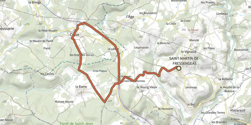 Carte du tracé de Boucle des Bardonnies sur le Plan IGN, départ et points de passage numérotés