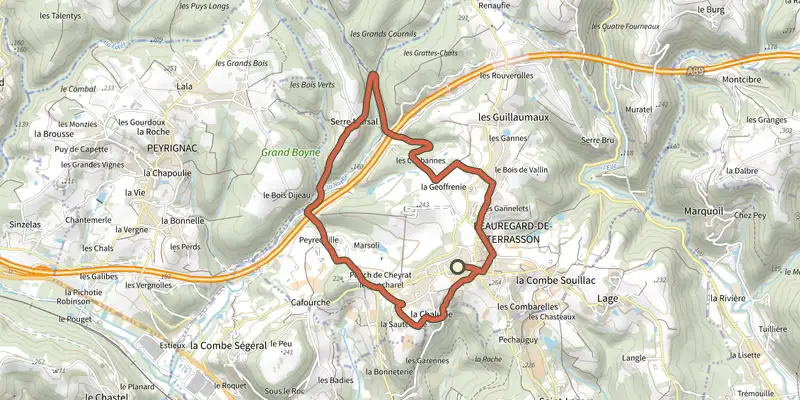 Map of the Boucle du Château de Mellet track on the IGN map, with the start and numbered waypoints