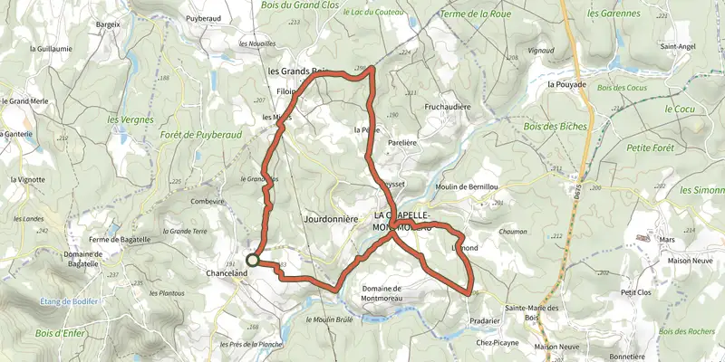 Carte du tracé de Boucle de La Chapelle Montmoreau sur le Plan IGN, départ et points de passage numérotés