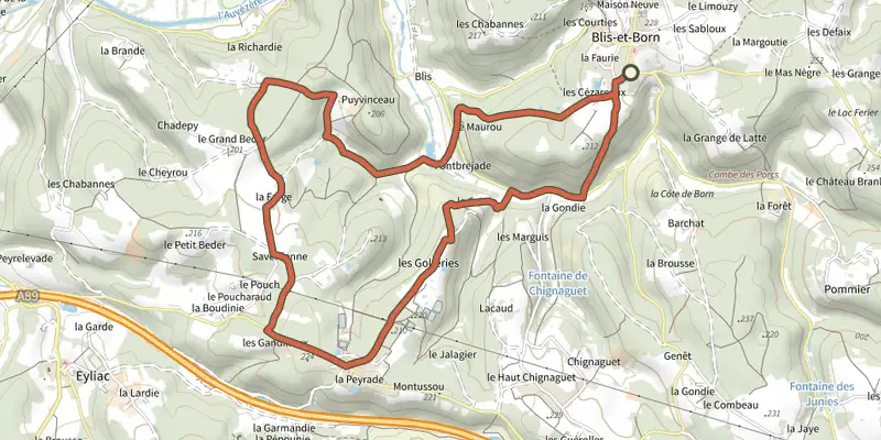 Map of the Boucle de Fontbrejade track on the IGN map, with the start and numbered waypoints