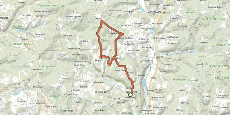 Carte du tracé de Boucle des Hameaux sur le Plan IGN, départ et points de passage numérotés