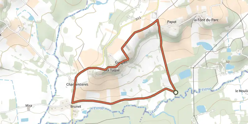 Map of the Boucle de Gurcan track on the IGN map, with the start and numbered waypoints