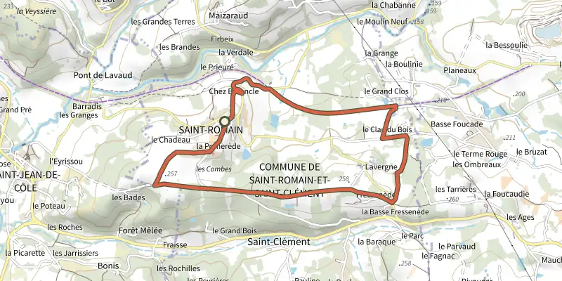 Map of the Boucle de la Romani clémentienne track on the IGN map, with the start and numbered waypoints
