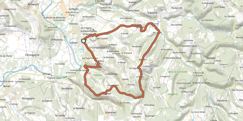 Carte du tracé de Boucle de Lisle sur le Plan IGN, départ et points de passage numérotés