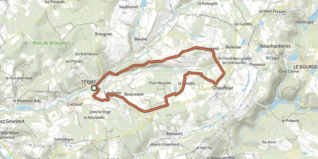 Tracé de Boucle de Teyjat sur le Plan IGN