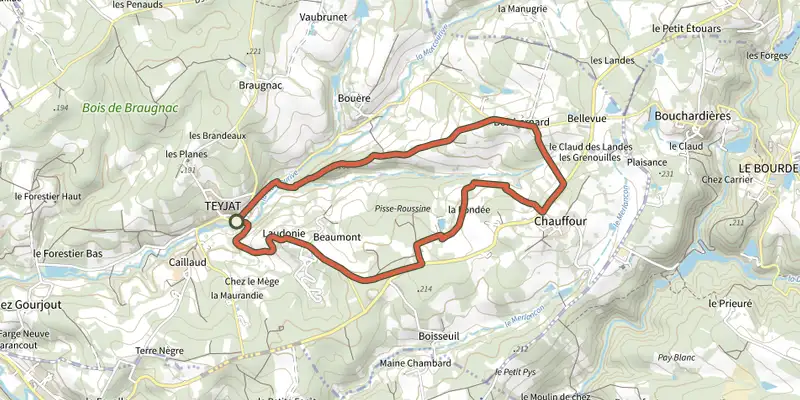 Carte du tracé de Boucle de Teyjat sur le Plan IGN, départ et points de passage numérotés