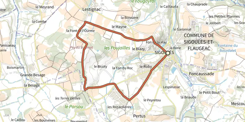 Map of the Boucle de Sigoulès track on the IGN map, with the start and numbered waypoints