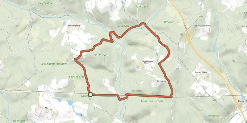 Carte du tracé de Boucle de Peypensou sur le Plan IGN, départ et points de passage numérotés