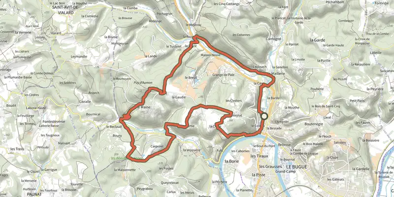 Carte du tracé de Boucle du Cingle sur le Plan IGN, départ et points de passage numérotés