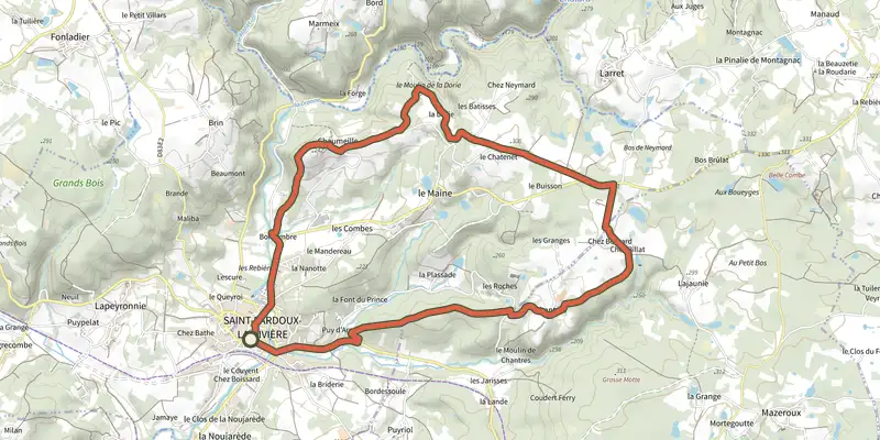 Map of the Boucle de la Dorie track on the IGN map, with the start and numbered waypoints