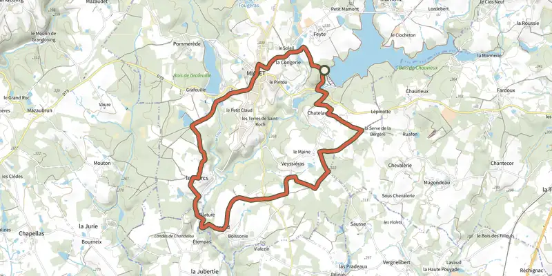 Carte du tracé de Boucle de la Filature et du Moulin sur le Plan IGN, départ et points de passage numérotés