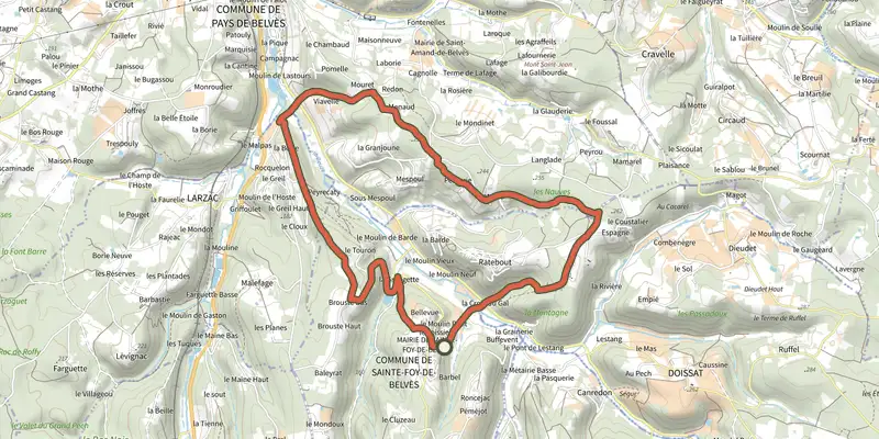 Carte du tracé de Boucle des Manoirs sur le Plan IGN, départ et points de passage numérotés