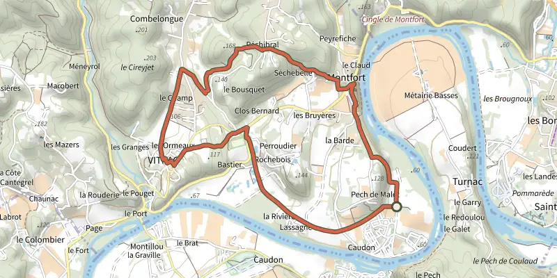 Carte du tracé de Boucle de Montfort sur le Plan IGN, départ et points de passage numérotés