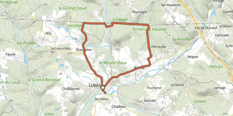 Map of the Boucle de Biorne track on the IGN map, with the start and numbered waypoints