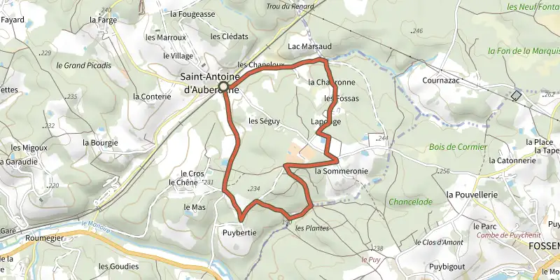 Map of the Boucle de Puybertie track on the IGN map, with the start and numbered waypoints