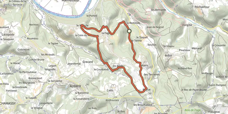 Carte du tracé de Boucle du Peyrat sur le Plan IGN, départ et points de passage numérotés