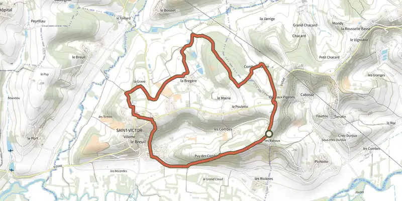 Map of the Boucle de St Victor track on the IGN map, with the start and numbered waypoints