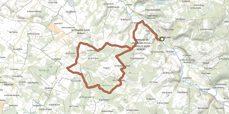 Carte du tracé de Boucle Virade sur le Plan IGN, départ et points de passage numérotés