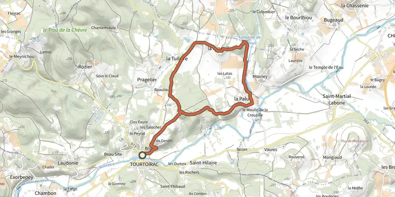 Map of the Boucle de la Fontaine de Ladoux track on the IGN map, with the start and numbered waypoints