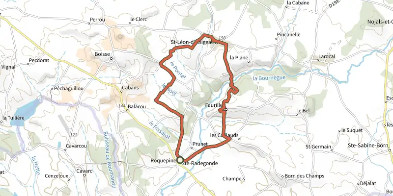 Carte du tracé de Boucle de Roquepine sur le Plan IGN, départ et points de passage numérotés