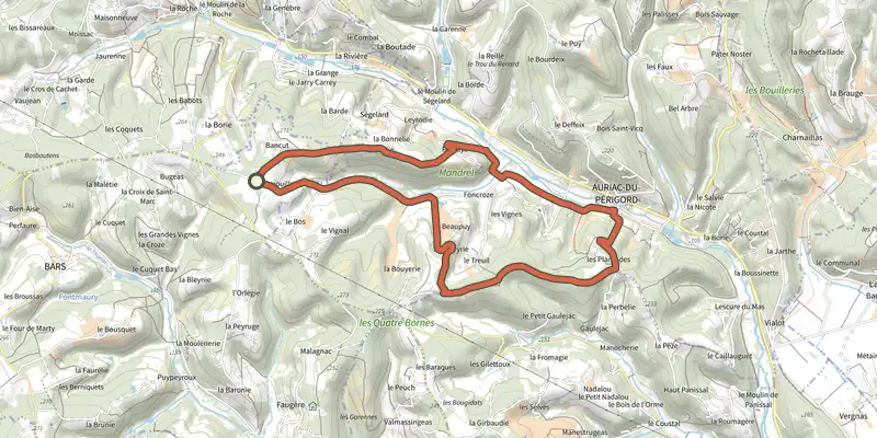 Carte du tracé de Boucle des Plantades sur le Plan IGN, départ et points de passage numérotés