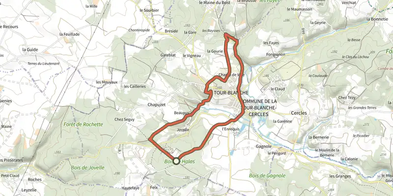 Map of the Boucle de La Tour-Blanche track on the IGN map, with the start and numbered waypoints