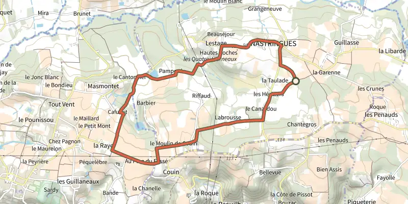 Map of the Boucle de Nastringues track on the IGN map, with the start and numbered waypoints