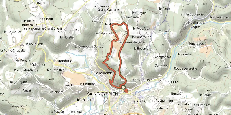 Map of the Boucle de l'Ermite track on the IGN map, with the start and numbered waypoints