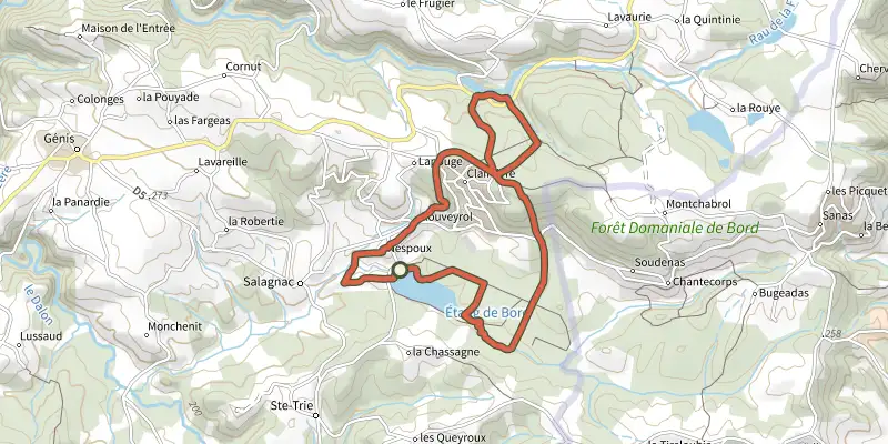 Carte du tracé de Boucle de Bertrand de Born sur le Plan IGN, départ et points de passage numérotés