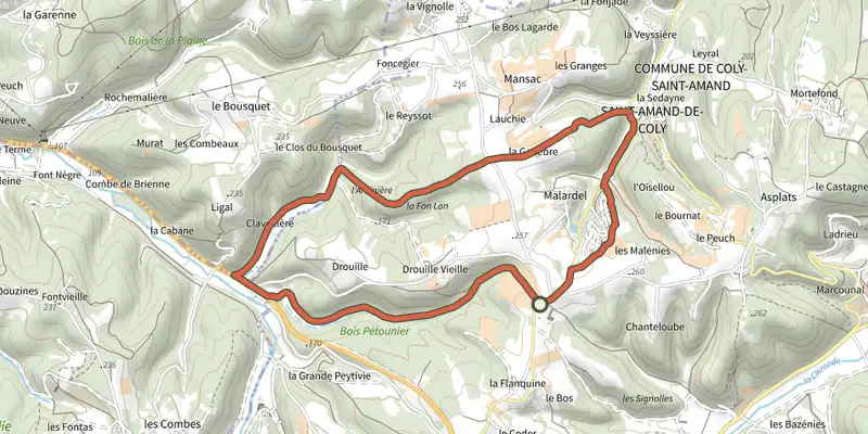 Carte du tracé de Boucle Bois et Prés sur le Plan IGN, départ et points de passage numérotés