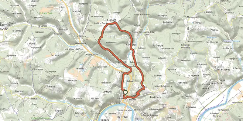 Carte du tracé de Boucle des Cabanes sur le Plan IGN, départ et points de passage numérotés