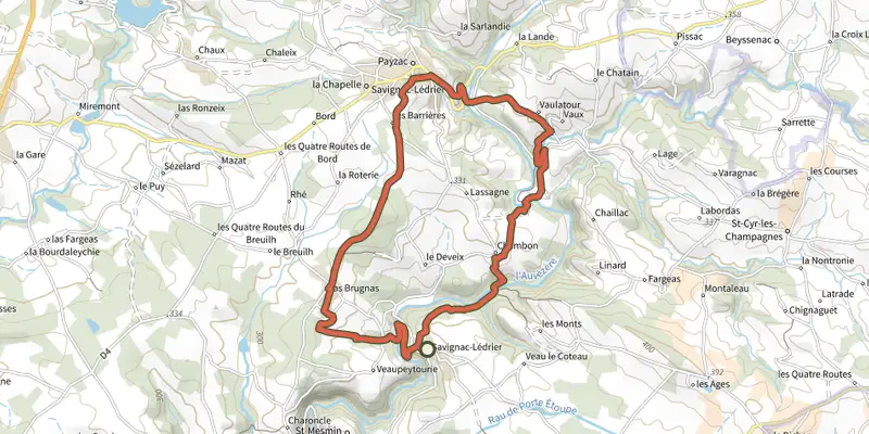 Carte du tracé de Boucle des Forges sur le Plan IGN, départ et points de passage numérotés