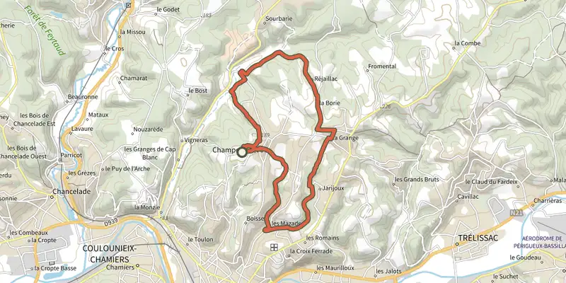 Map of the Boucle de Chantecoucou track on the IGN map, with the start and numbered waypoints