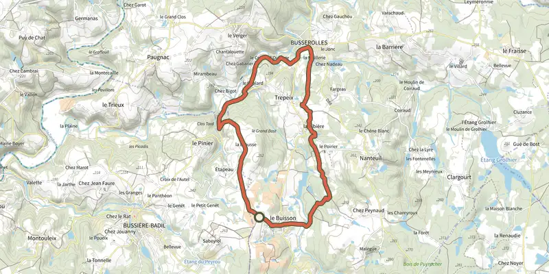 Carte du tracé de Boucle de Buisson sur le Plan IGN, départ et points de passage numérotés