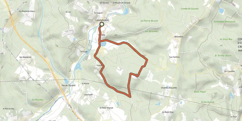 Carte du tracé de Boucle des Viradis sur le Plan IGN, départ et points de passage numérotés