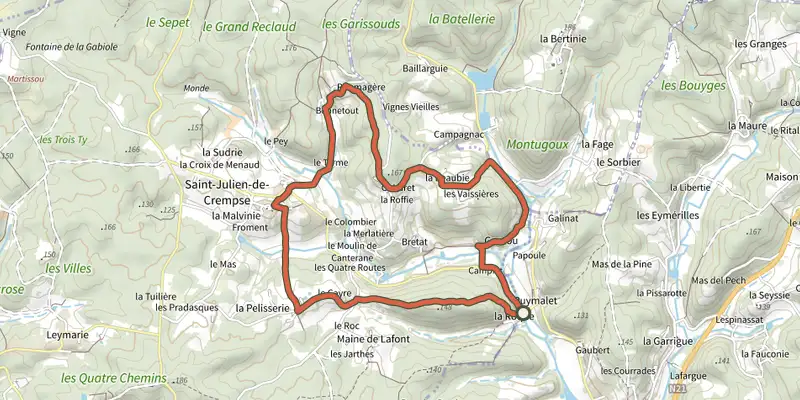 Carte du tracé de Boucle de Saint Julien sur le Plan IGN, départ et points de passage numérotés
