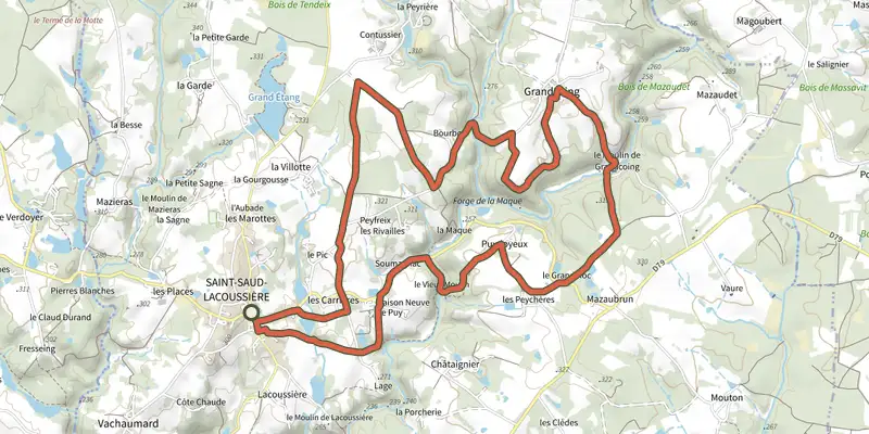 Carte du tracé de Boucle de la Dronne sur le Plan IGN, départ et points de passage numérotés