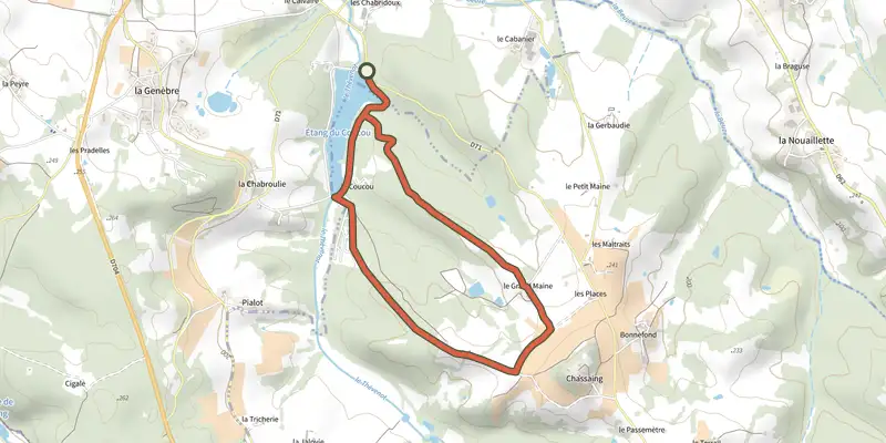 Carte du tracé de Boucle de l'Etang du Coucou sur le Plan IGN, départ et points de passage numérotés