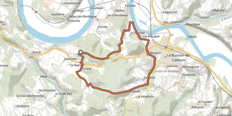 Map of the Boucle de Cussac track on the IGN map, with the start and numbered waypoints