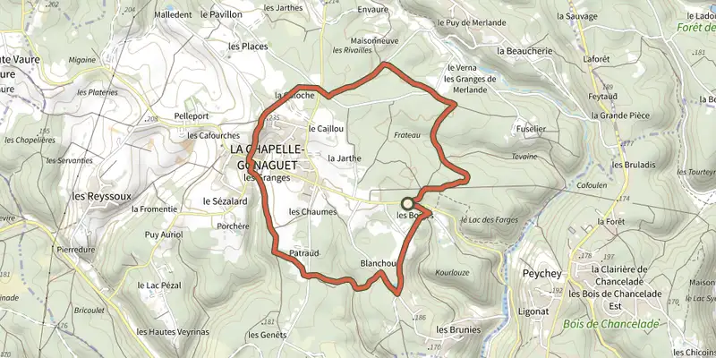 Map of the Grande boucle de Merlande track on the IGN map, with the start and numbered waypoints