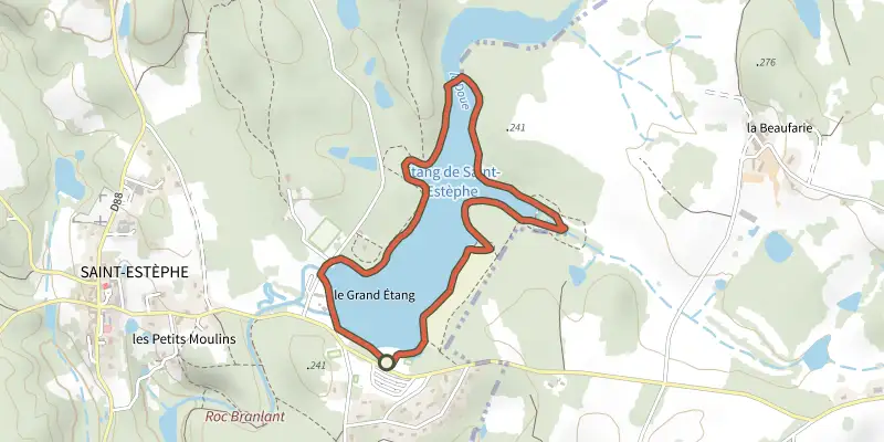 Map of the Boucle du Grand Etang de St Estèphe track on the IGN map, with the start and numbered waypoints