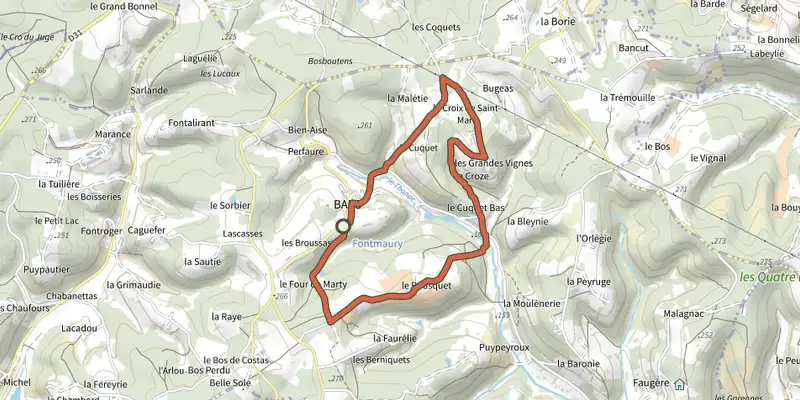 Carte du tracé de Boucle de la Croze sur le Plan IGN, départ et points de passage numérotés