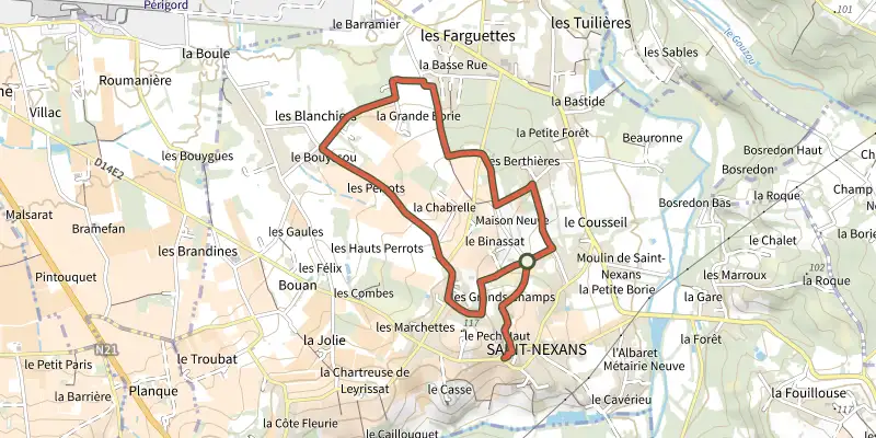 Map of the Boucle de Binassat track on the IGN map, with the start and numbered waypoints
