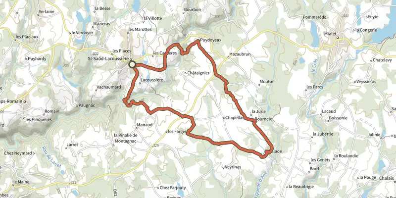 Map of the Boucle de la Valade track on the IGN map, with the start and numbered waypoints