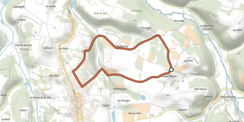 Map of the Boucle du Grand Mayne track on the IGN map, with the start and numbered waypoints