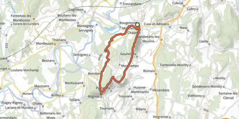 Carte du tracé de La Croix de Rognon sur le Plan IGN, départ et points de passage numérotés