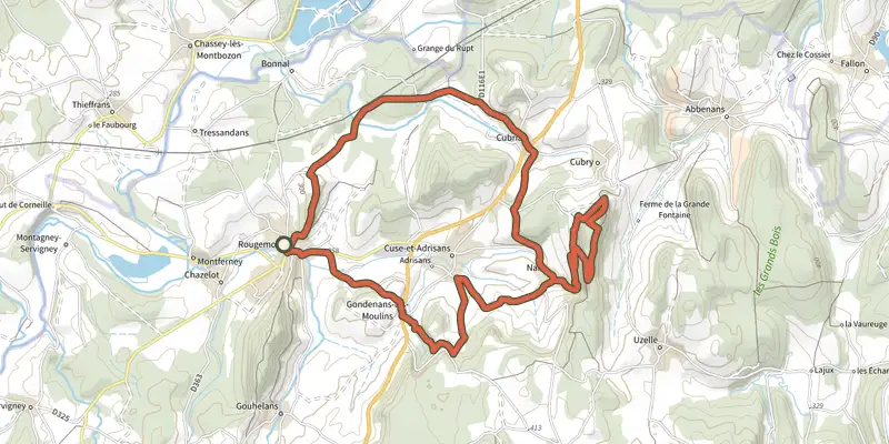 Map of the Les Roches de Nans track on the IGN map, with the start and numbered waypoints