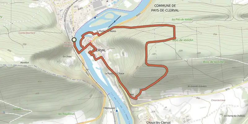 Map of the La Chapelle du Reposoir track on the IGN map, with the start and numbered waypoints