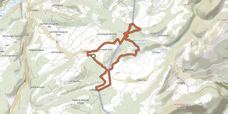 Map of the Sentier des Bornes track on the IGN map, with the start and numbered waypoints